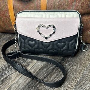 Betsey Johnson Black Pink Cream Quilted Heart Crossbody Bag